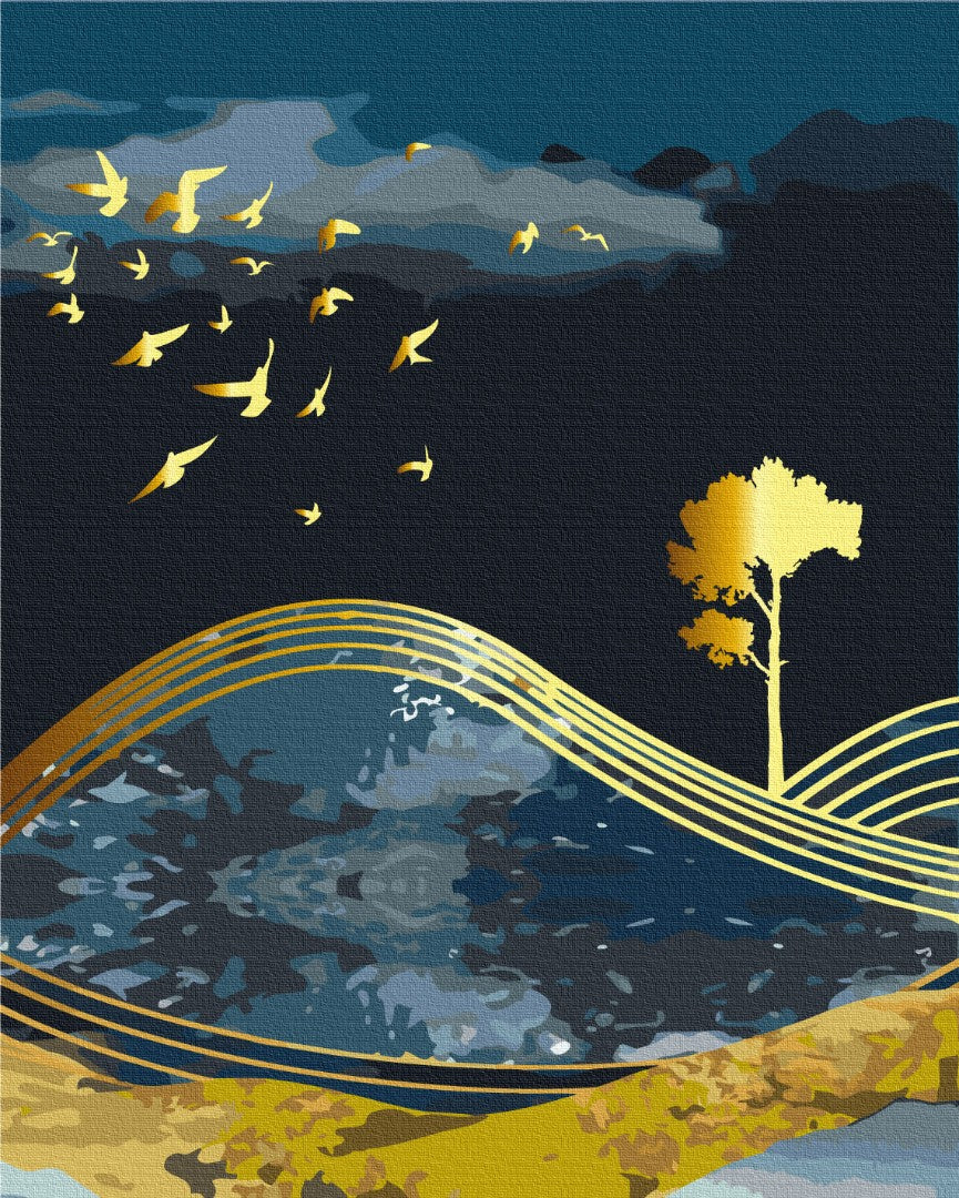 Malen nach Zahlen Motiv - Vögel der Nacht mit Goldfarbe