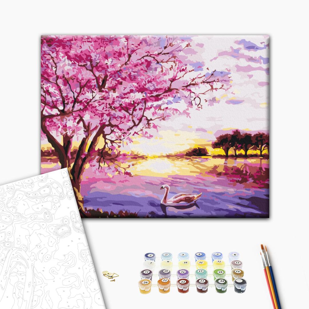 Kirschblüte - Malen nach Zahlen Bild auf Leinwand mit Pinseln und Farben