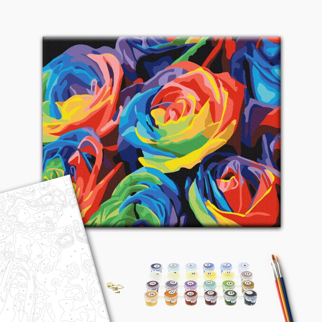 Regenbogenrosen - Malen nach Zahlen Bild auf Leinwand mit Pinseln und Farben