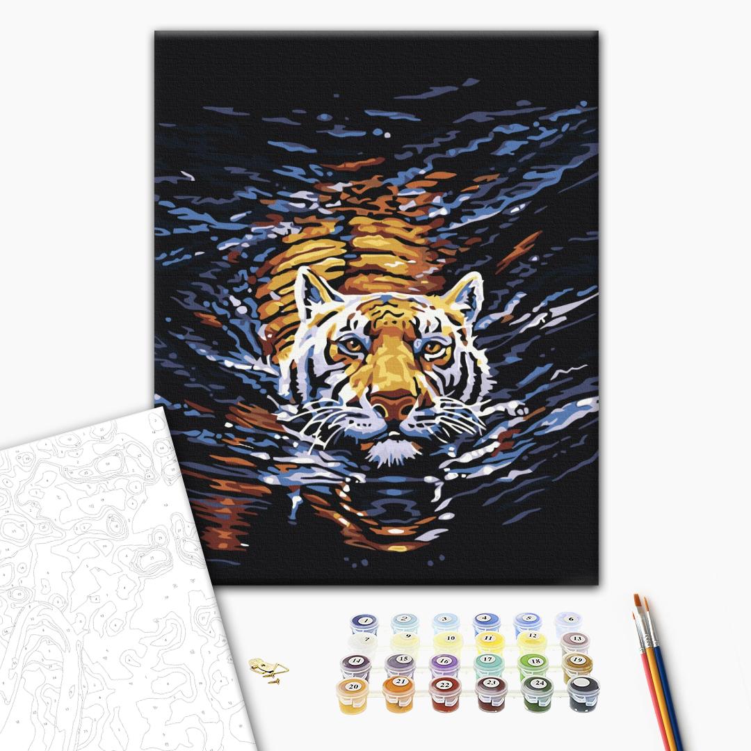Schwimmender Tiger - Malen nach Zahlen Bild auf Leinwand mit Pinseln und Farben