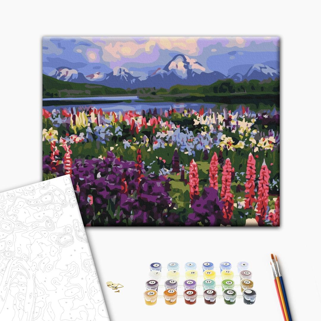 Tal der Wildblumen - Malen nach Zahlen Bild auf Leinwand mit Pinseln und Farben