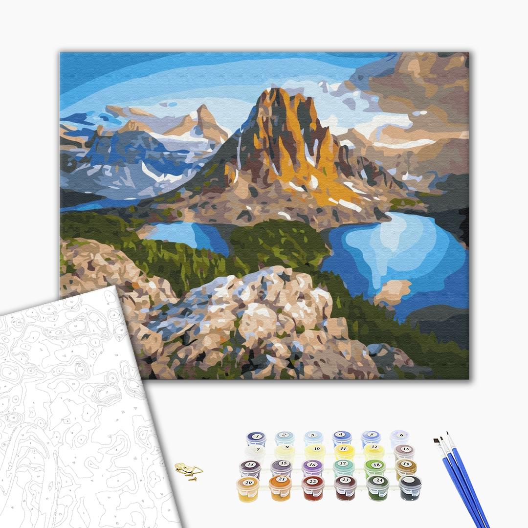 Bergklippenseen - Malen nach Zahlen Bild auf Leinwand mit Pinseln und Farben