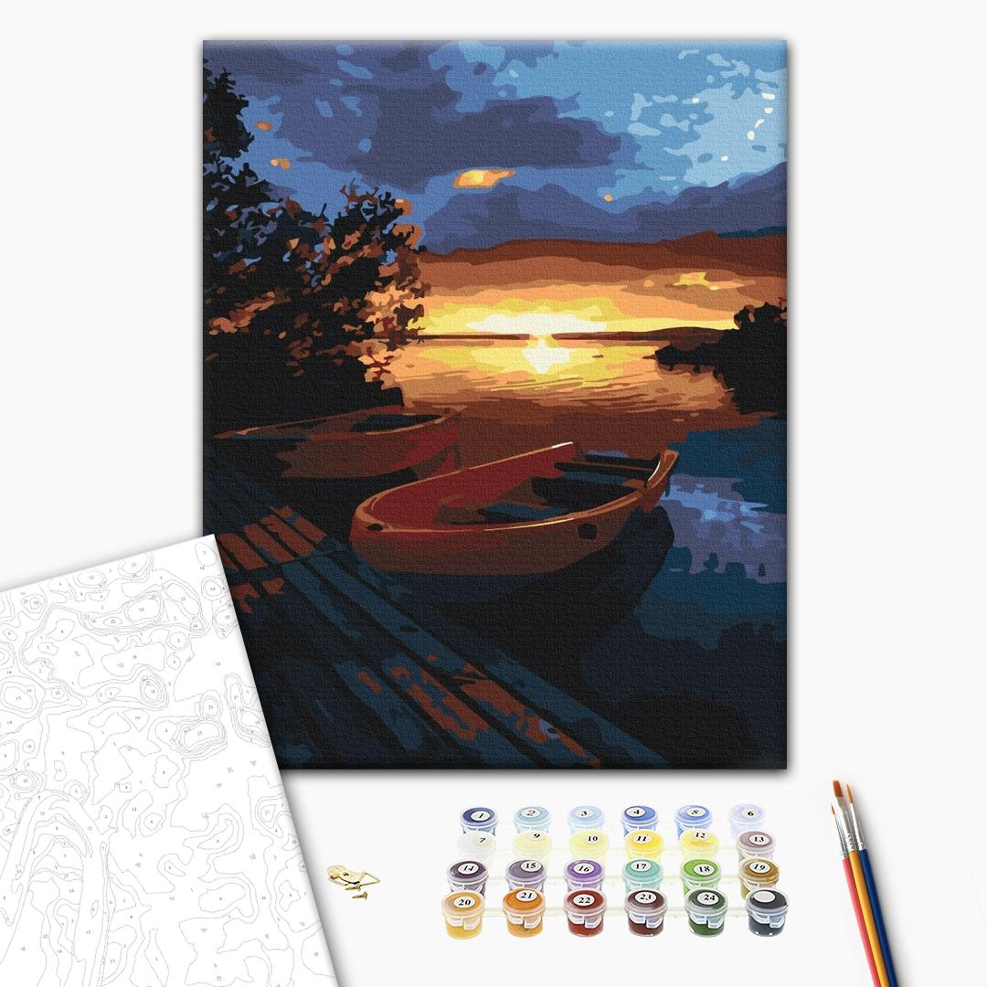 Wunderschöner Sonnenuntergang am See - Malen nach Zahlen Bild auf Leinwand mit Pinseln und Farben