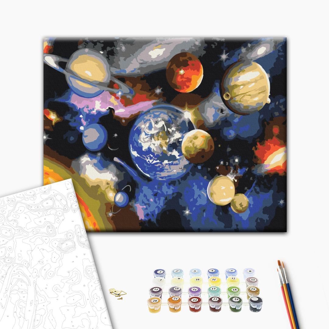 Parade der Planeten - Malen nach Zahlen Bild auf Leinwand mit Pinseln und Farben
