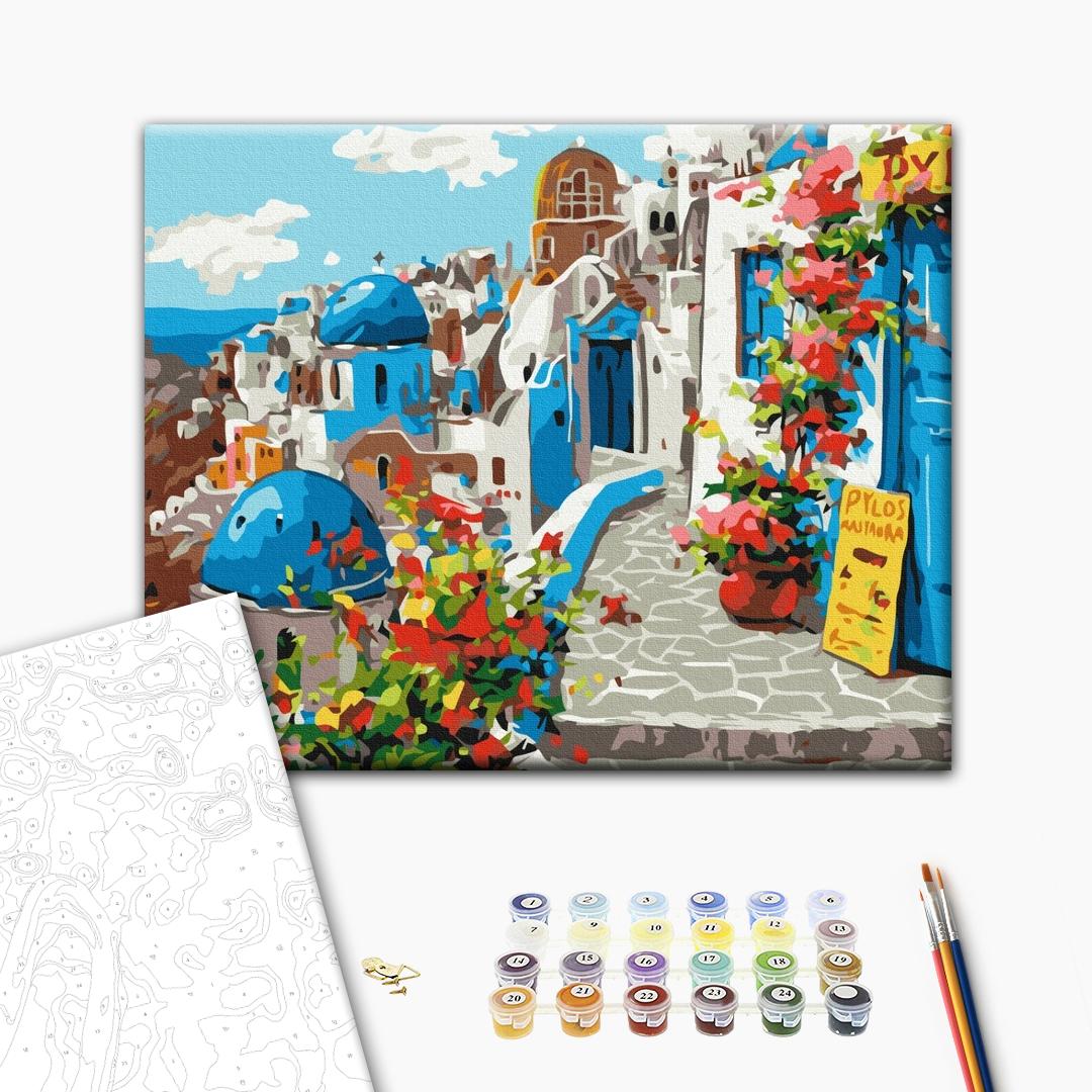 Sommer Santorin - Malen nach Zahlen Bild auf Leinwand mit Pinseln und Farben