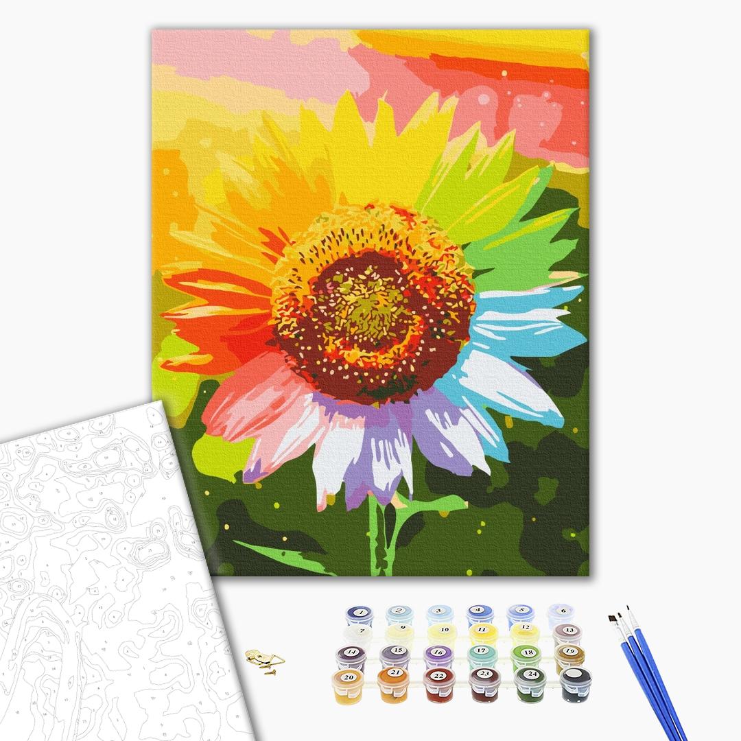 Regenbogen-Sonnenblume - Malen nach Zahlen Bild auf Leinwand mit Pinseln und Farben