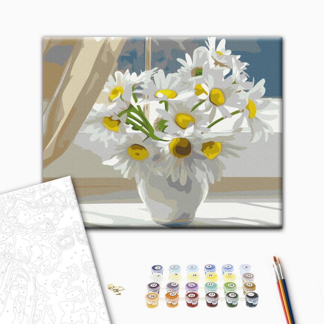 Kamille in einer weißen Vase am Fenster - Malen nach Zahlen Bild auf Leinwand mit Pinseln und Farben