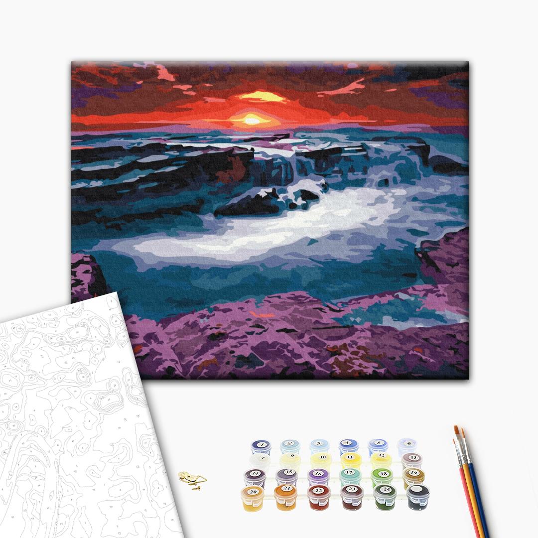 Sonnenuntergang in der Nähe des Wasserfalls - Malen nach Zahlen Bild auf Leinwand mit Pinseln und Farben