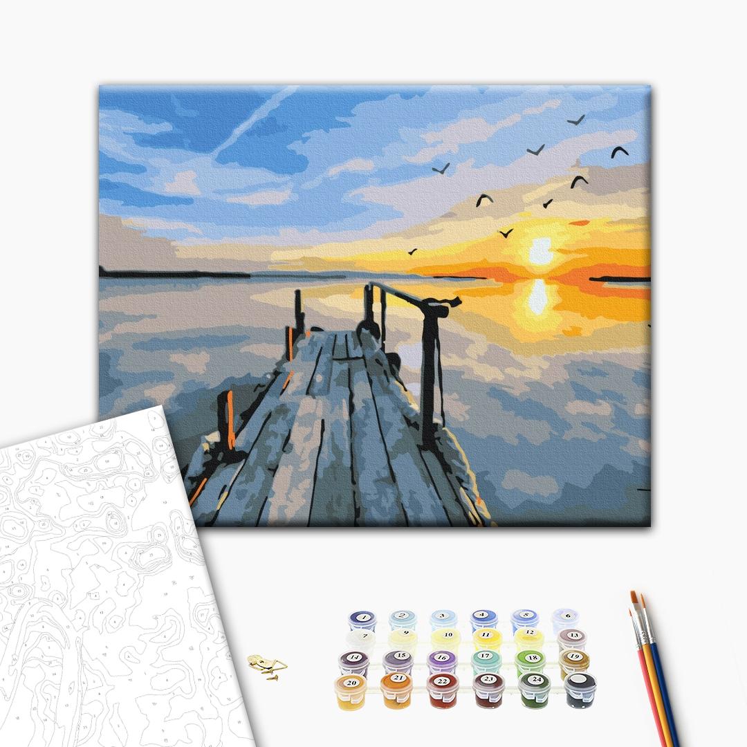 Sonnenuntergang am Pier - Malen nach Zahlen Bild auf Leinwand mit Pinseln und Farben