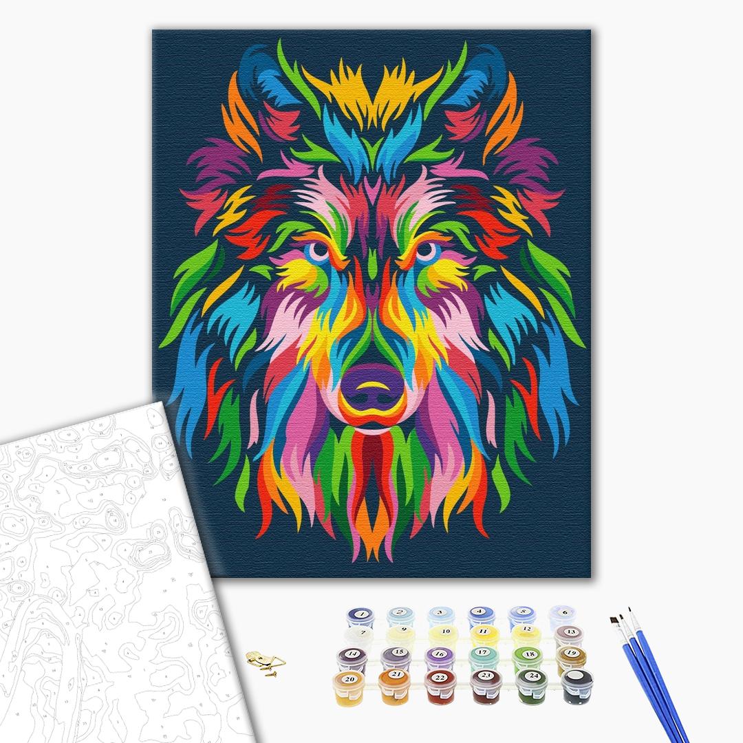 Regenbogenwolf - Malen nach Zahlen Bild auf Leinwand mit Pinseln und Farben