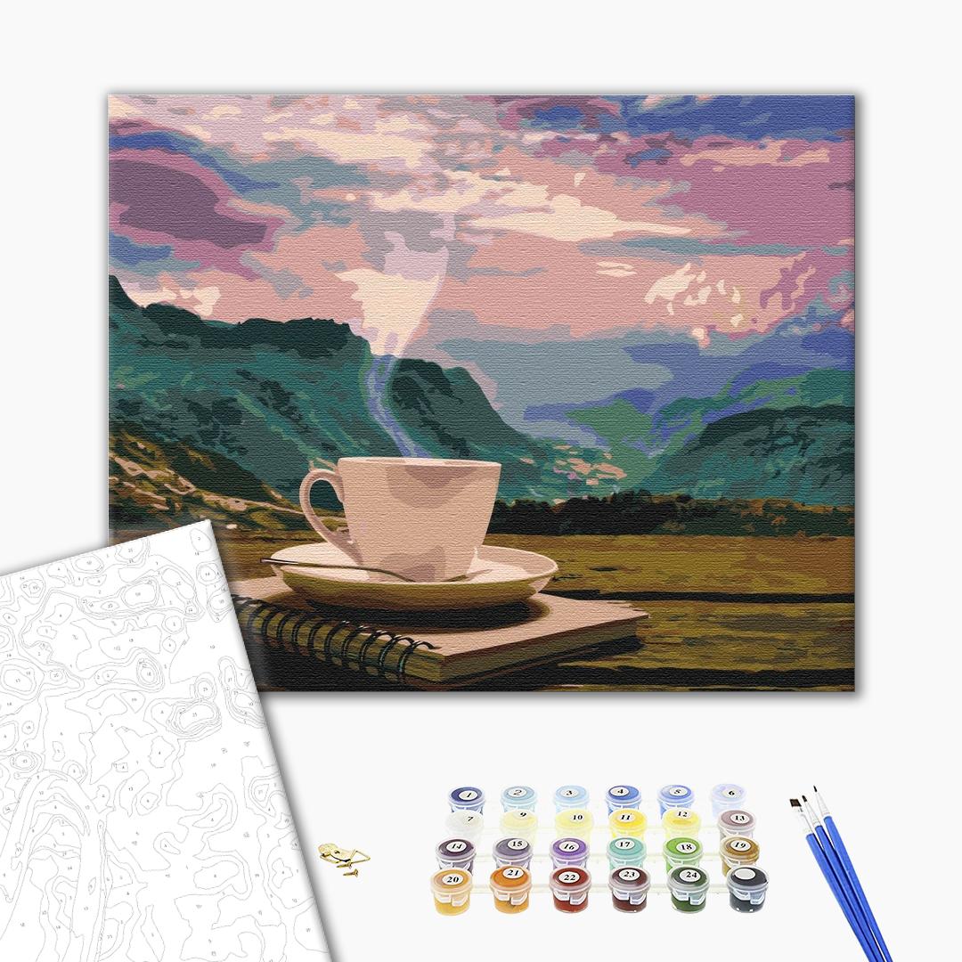 Die Morgen mit Bergblick - Malen nach Zahlen Bild auf Leinwand mit Pinseln und Farben