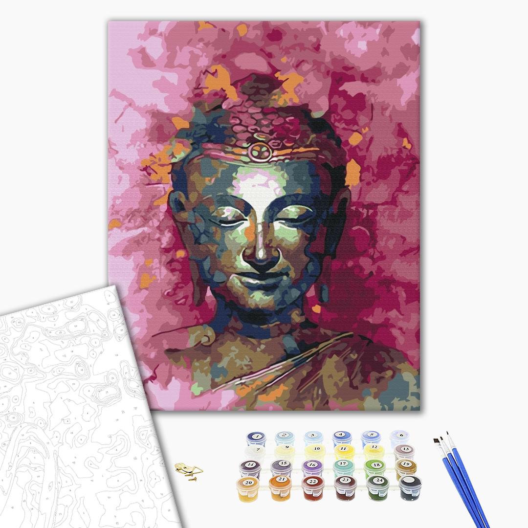 Buddha in Rosatönen - Malen nach Zahlen Bild auf Leinwand mit Pinseln und Farben