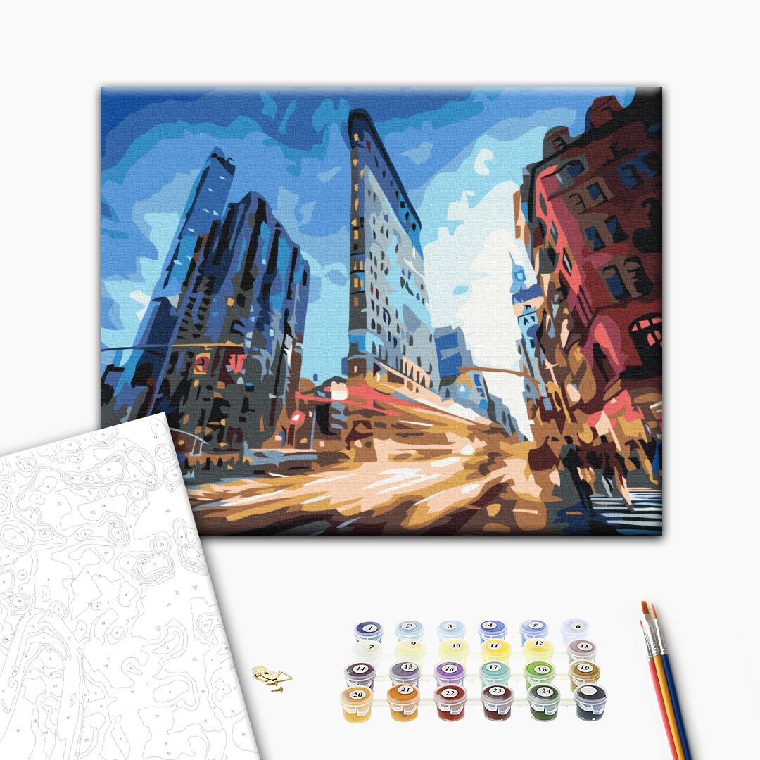 Stadtleben - Malen nach Zahlen Bild auf Leinwand mit Pinseln und Farben