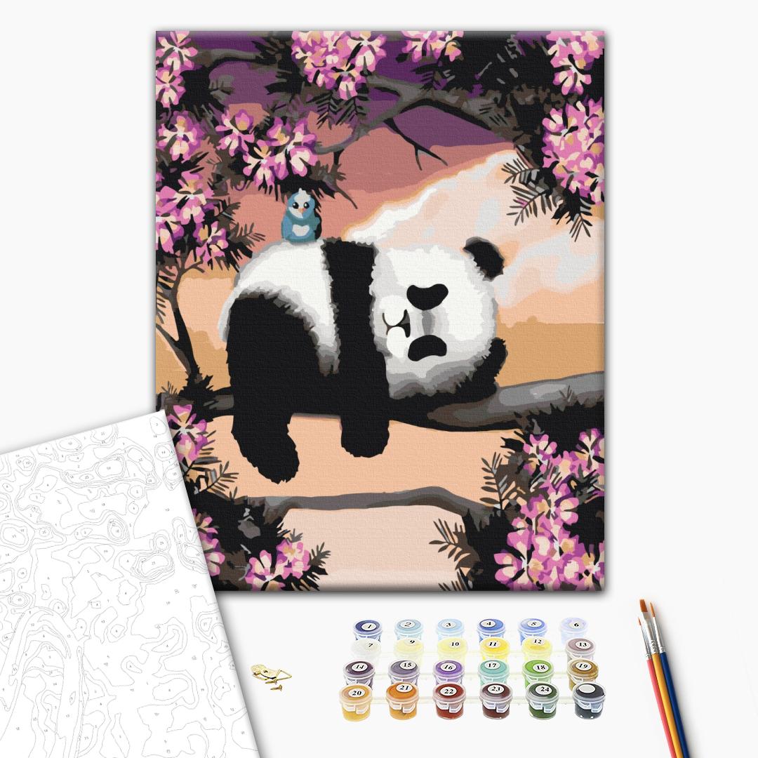 Schläfriger Panda - Malen nach Zahlen Bild auf Leinwand mit Pinseln und Farben
