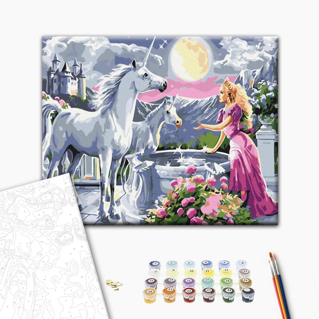 Die Prinzessin und die Einhörner - Malen nach Zahlen Bild auf Leinwand mit Pinseln und Farben