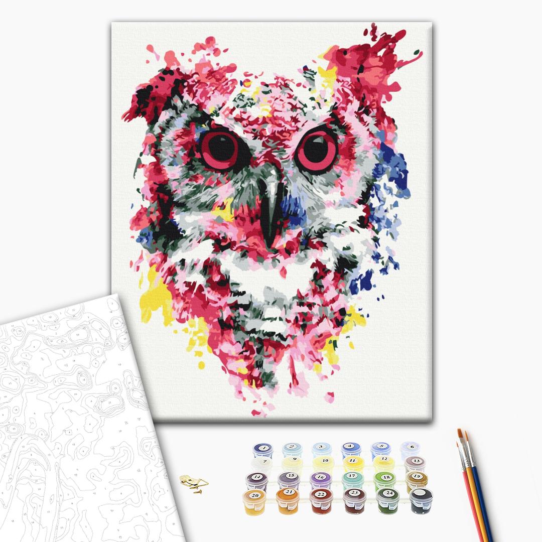 Die Eule in Farben - Malen nach Zahlen Bild auf Leinwand mit Pinseln und Farben