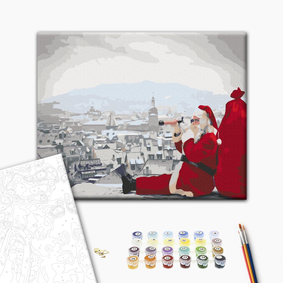 Santa schläft nicht - Malen nach Zahlen Bild auf Leinwand mit Pinseln und Farben