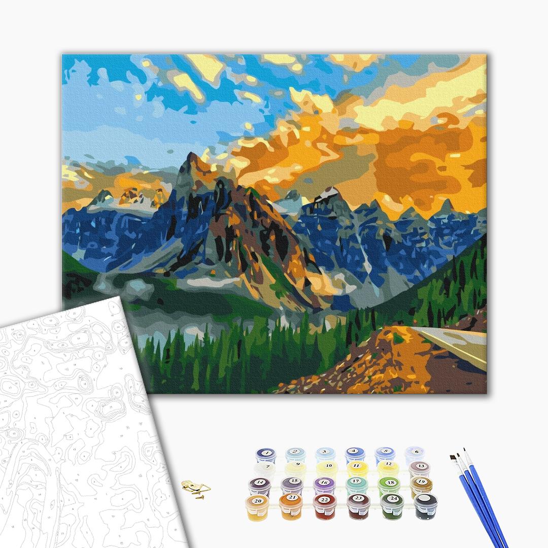 Berglandschaft - Malen nach Zahlen Bild auf Leinwand mit Pinseln und Farben