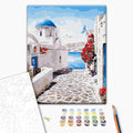 Straße von Santorini - Malen nach Zahlen Bild auf Leinwand mit Pinseln und Farben