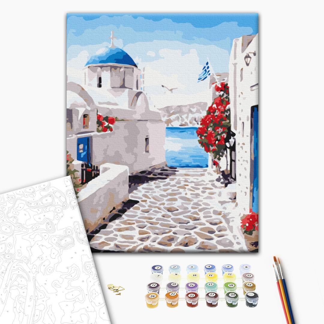 Straße von Santorini - Malen nach Zahlen Bild auf Leinwand mit Pinseln und Farben