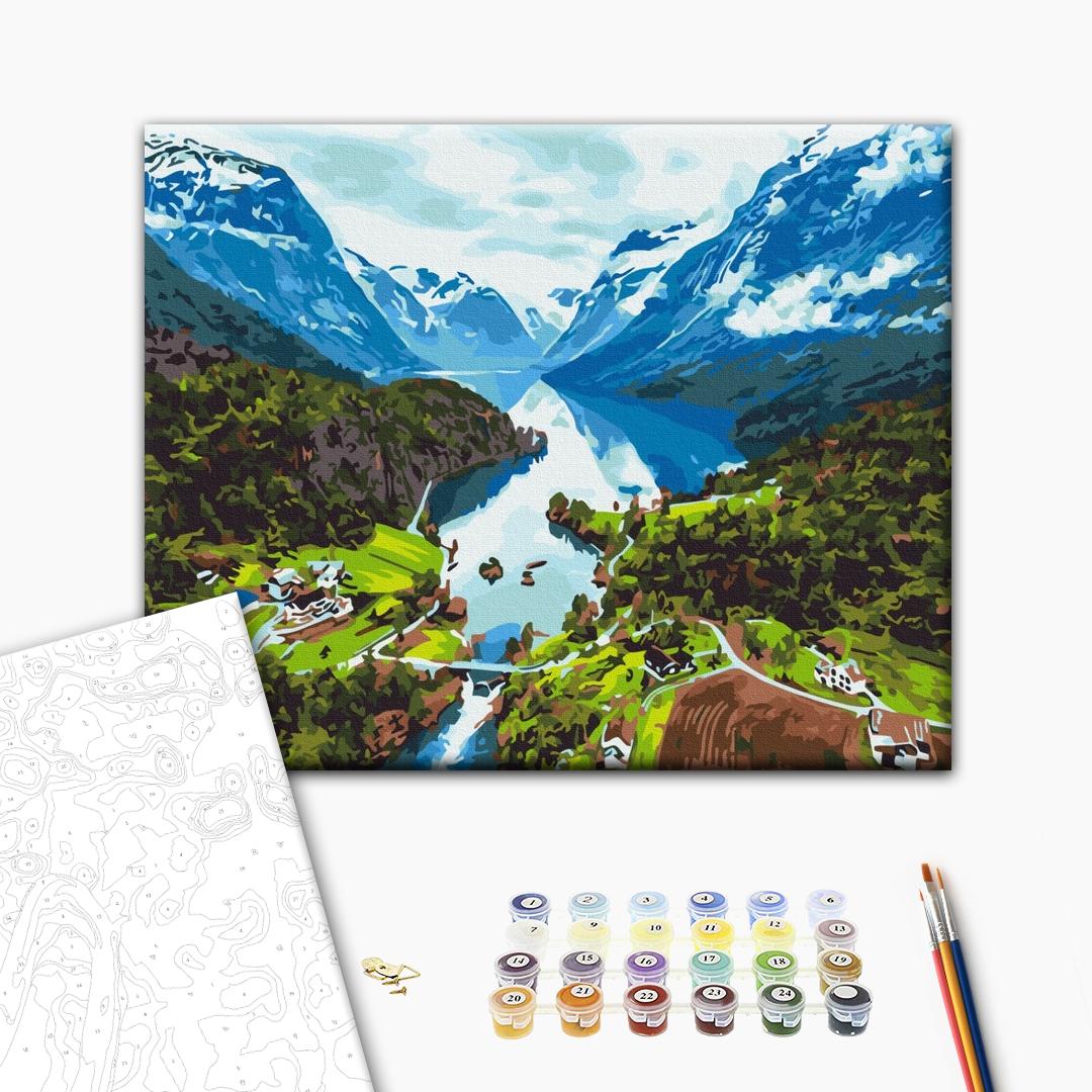 Alpen - Malen nach Zahlen Bild auf Leinwand mit Pinseln und Farben