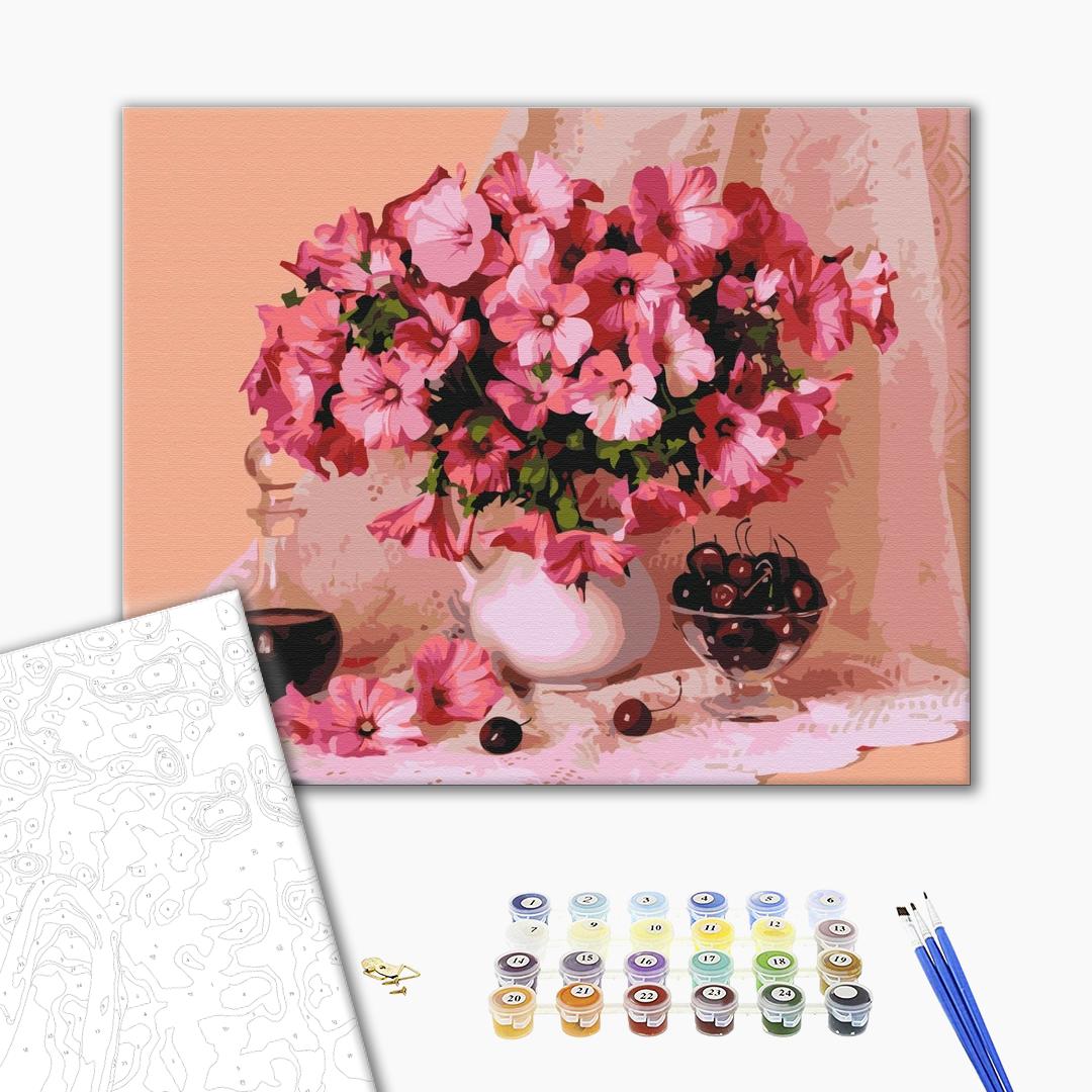 Blüte und Kirschen - Malen nach Zahlen Bild auf Leinwand mit Pinseln und Farben
