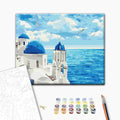 Ausblick von Santorini - Malen nach Zahlen Bild auf Leinwand mit Pinseln und Farben