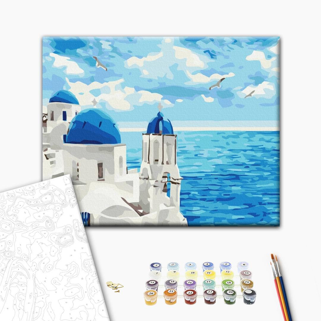 Ausblick von Santorini - Malen nach Zahlen Bild auf Leinwand mit Pinseln und Farben
