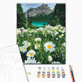 Gänseblümchen am Bergsee - Malen nach Zahlen Bild auf Leinwand mit Pinseln und Farben