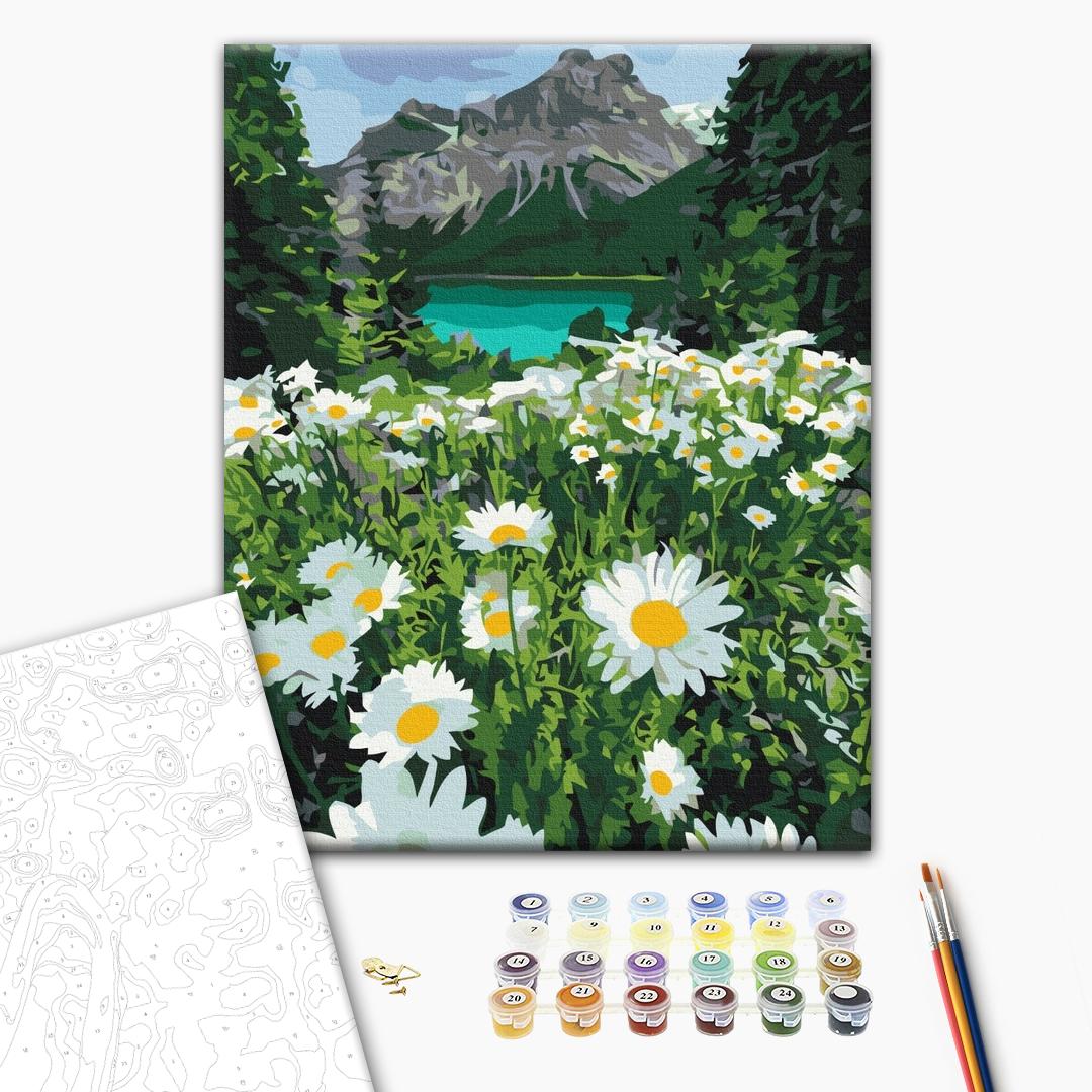 Gänseblümchen am Bergsee - Malen nach Zahlen Bild auf Leinwand mit Pinseln und Farben