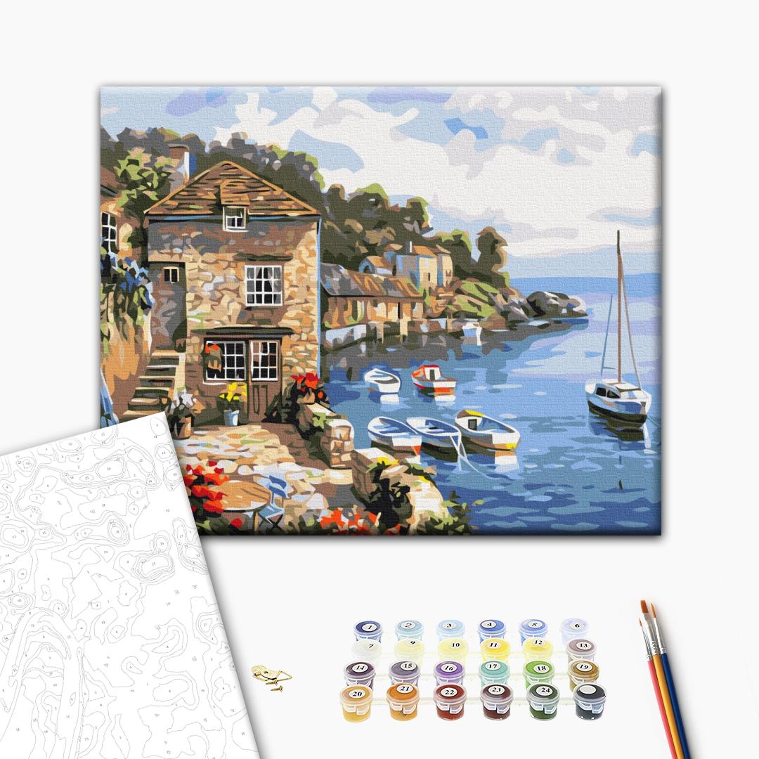 Die Boote im Meer - Malen nach Zahlen Bild auf Leinwand mit Pinseln und Farben