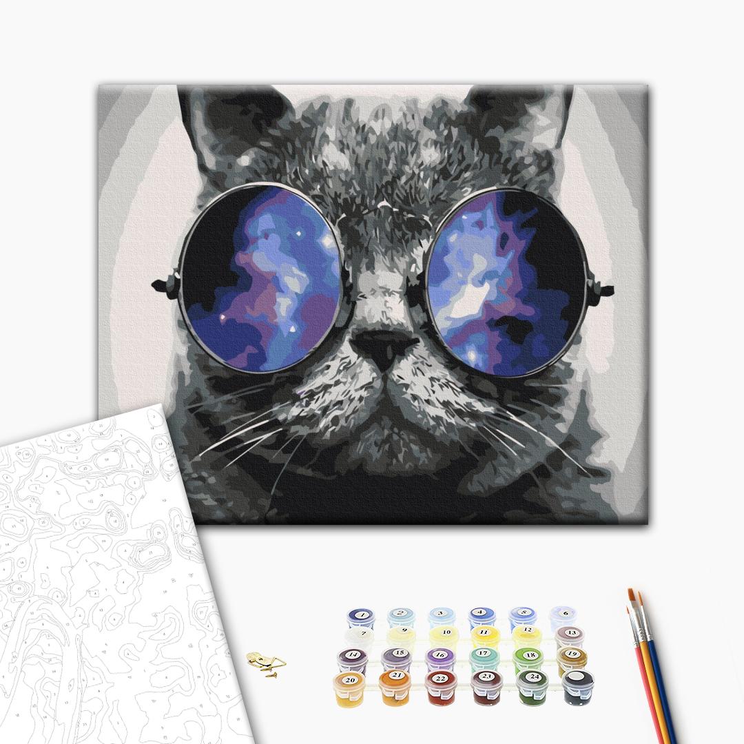 Katze mit Sonnenbrille - Malen nach Zahlen Bild auf Leinwand mit Pinseln und Farben