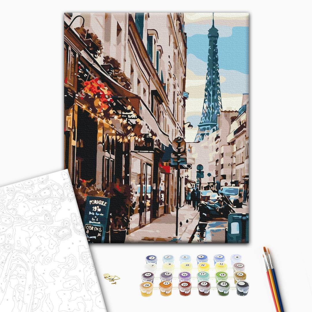 Paris um die Ecke - Malen nach Zahlen Bild auf Leinwand mit Pinseln und Farben