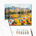 Der Schloss in Tulpen - Malen nach Zahlen Bild auf Leinwand mit Pinseln und Farben