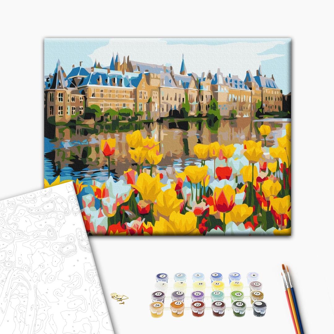 Der Schloss in Tulpen - Malen nach Zahlen Bild auf Leinwand mit Pinseln und Farben