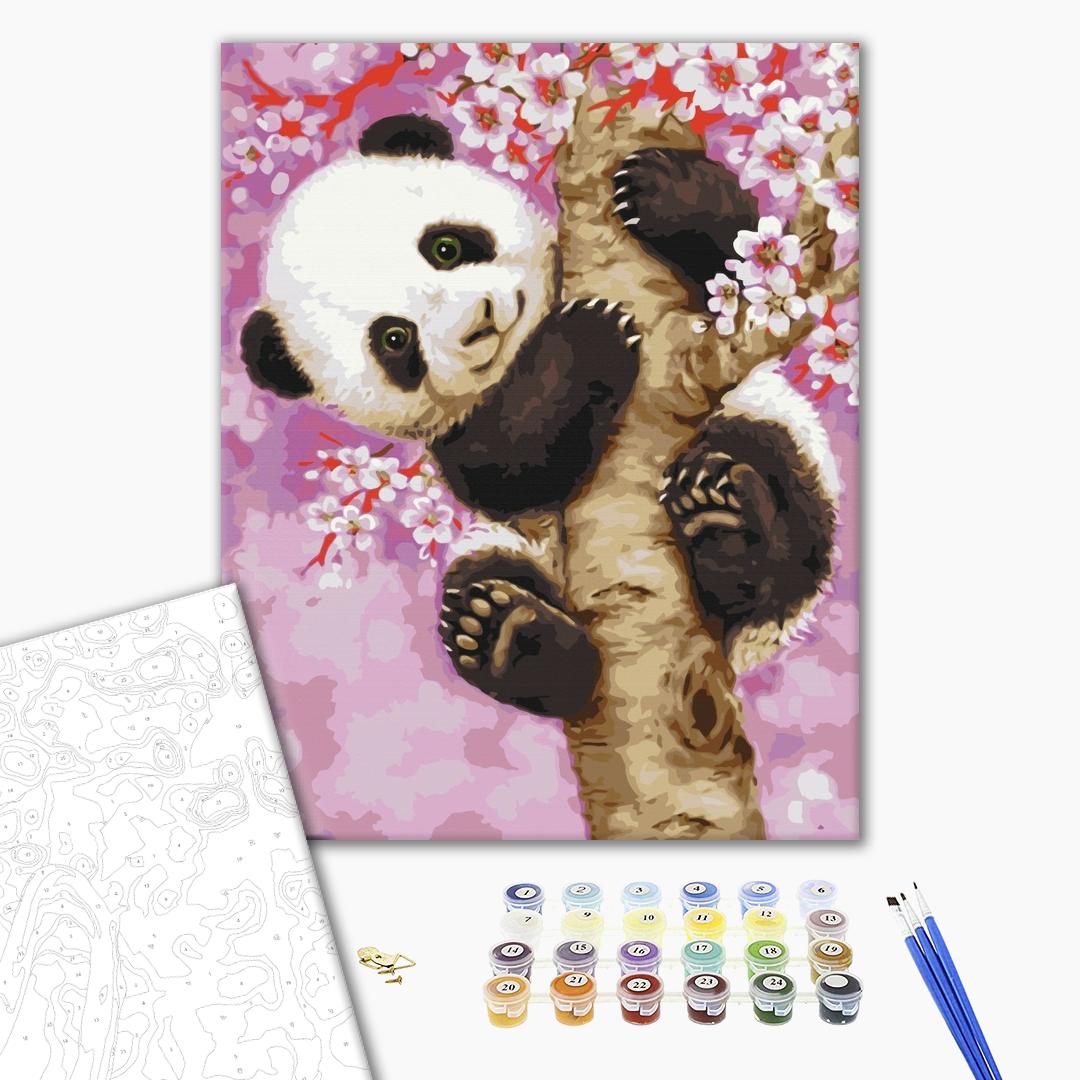 Panda auf Sakura - Malen nach Zahlen Bild auf Leinwand mit Pinseln und Farben