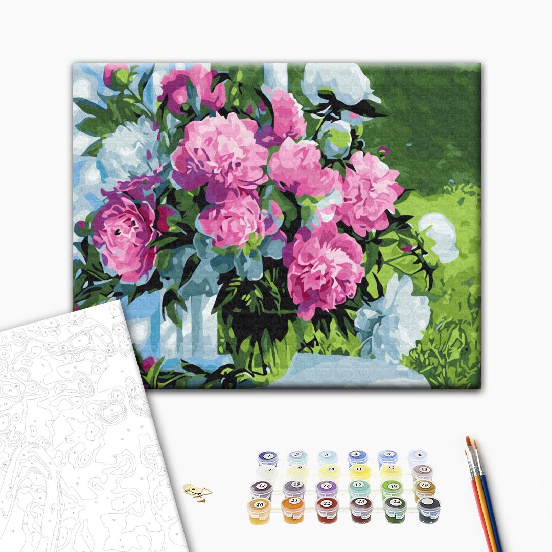 Pfingstrosenstrauß im Garten - Malen nach Zahlen Bild auf Leinwand mit Pinseln und Farben