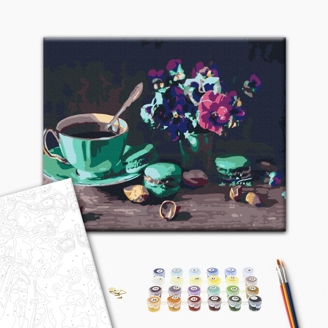Kaffee mit Macaroons - Malen nach Zahlen Bild auf Leinwand mit Pinseln und Farben