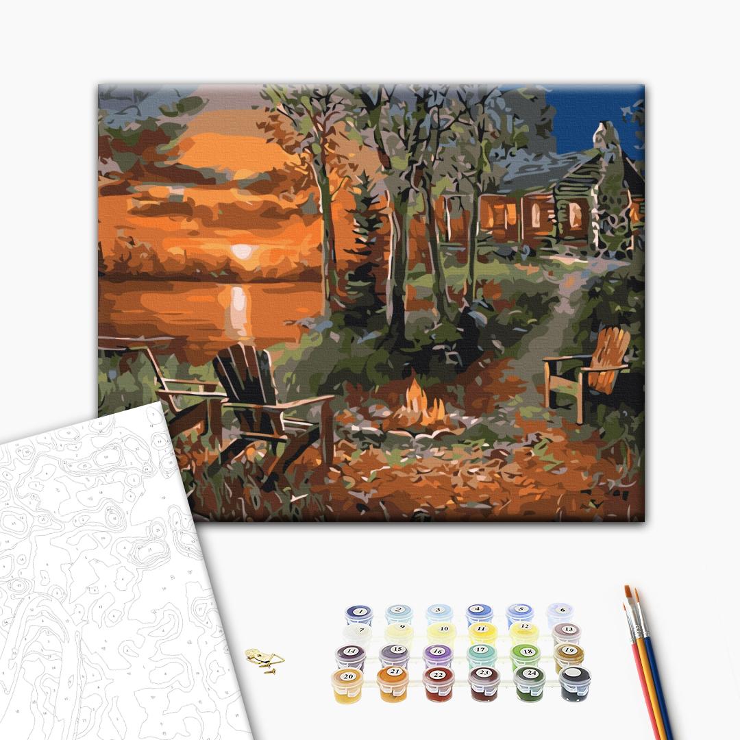 Das Haus am See - Malen nach Zahlen Bild auf Leinwand mit Pinseln und Farben