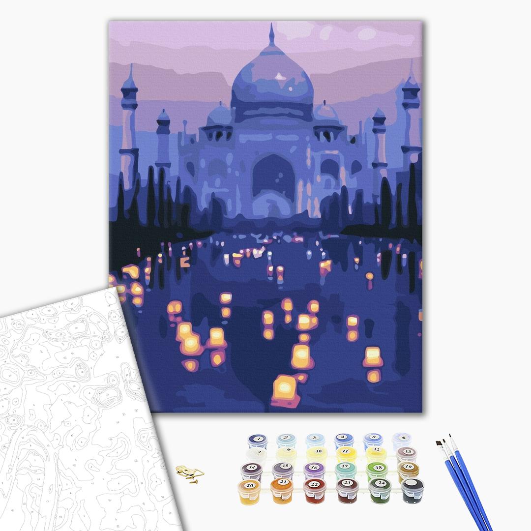 Abend im Taj Mahal - Malen nach Zahlen Bild auf Leinwand mit Pinseln und Farben