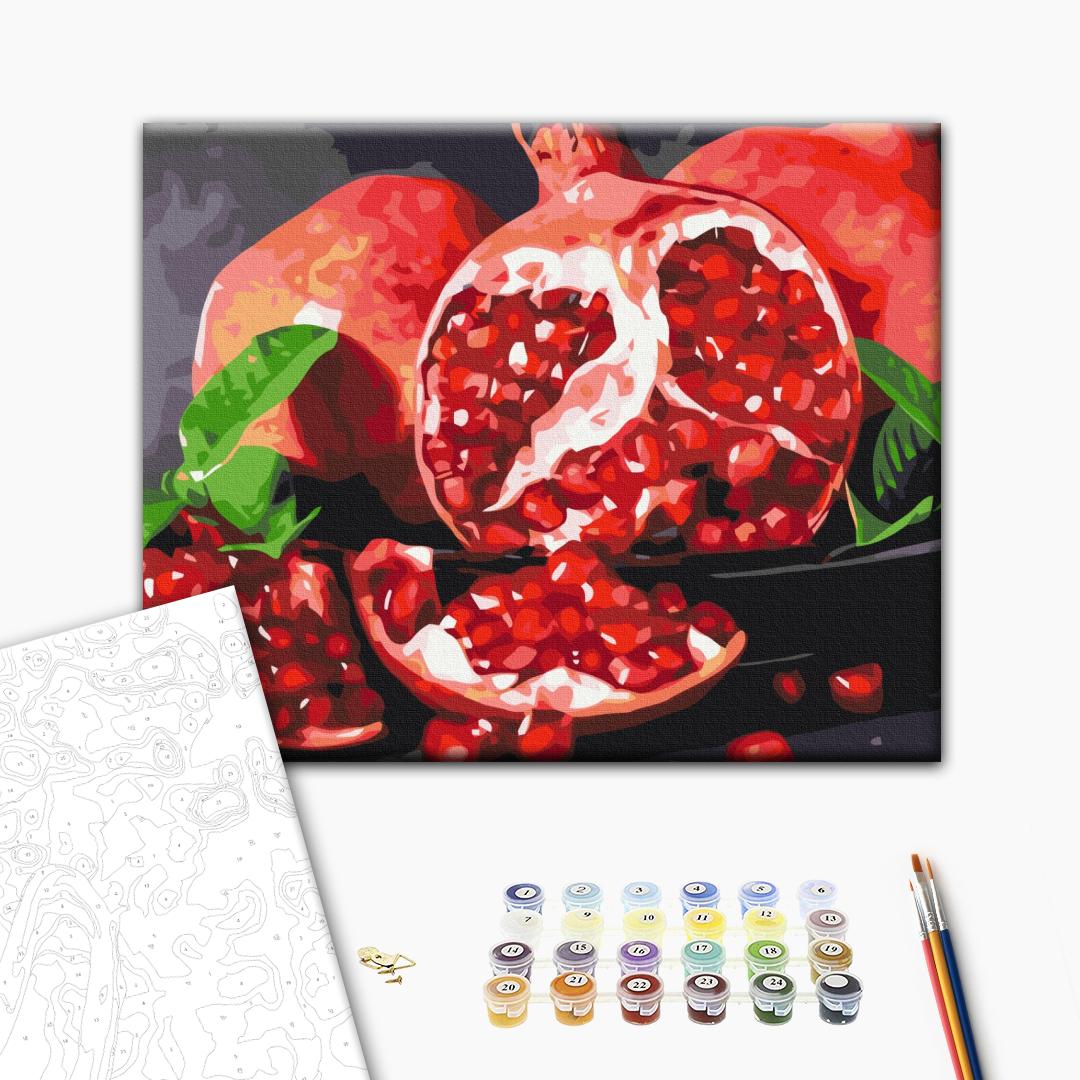 Der leckere Granatapfel - Malen nach Zahlen Bild auf Leinwand mit Pinseln und Farben
