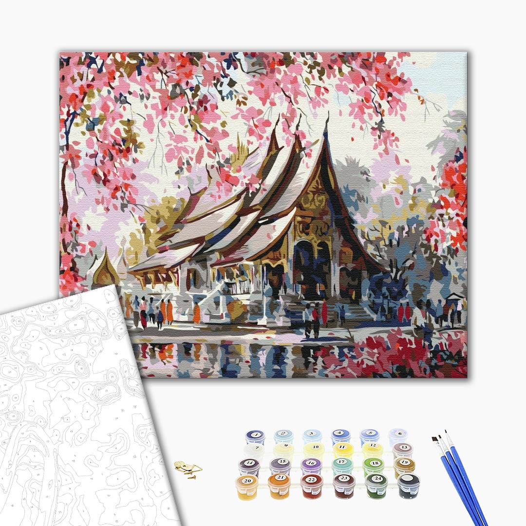 Thailändischer Tempel - Malen nach Zahlen Bild auf Leinwand mit Pinseln und Farben