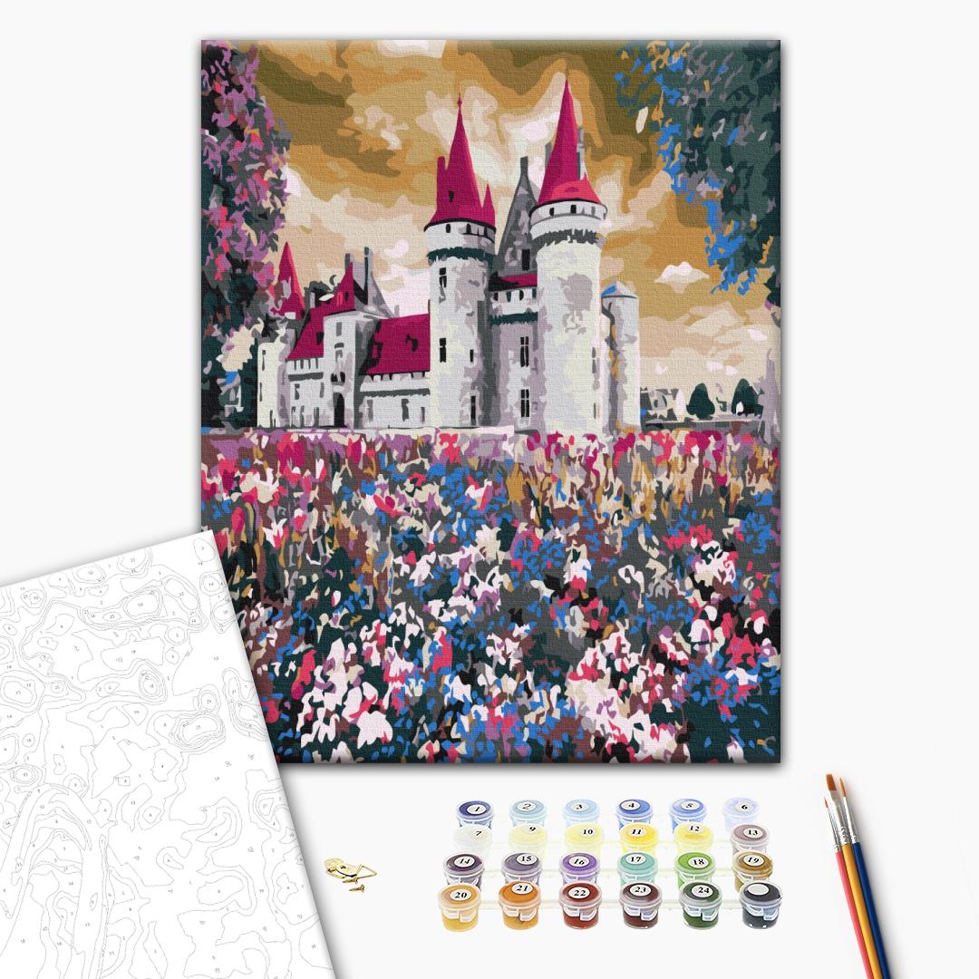 Schloss in Wildblumen - Malen nach Zahlen Bild auf Leinwand mit Pinseln und Farben