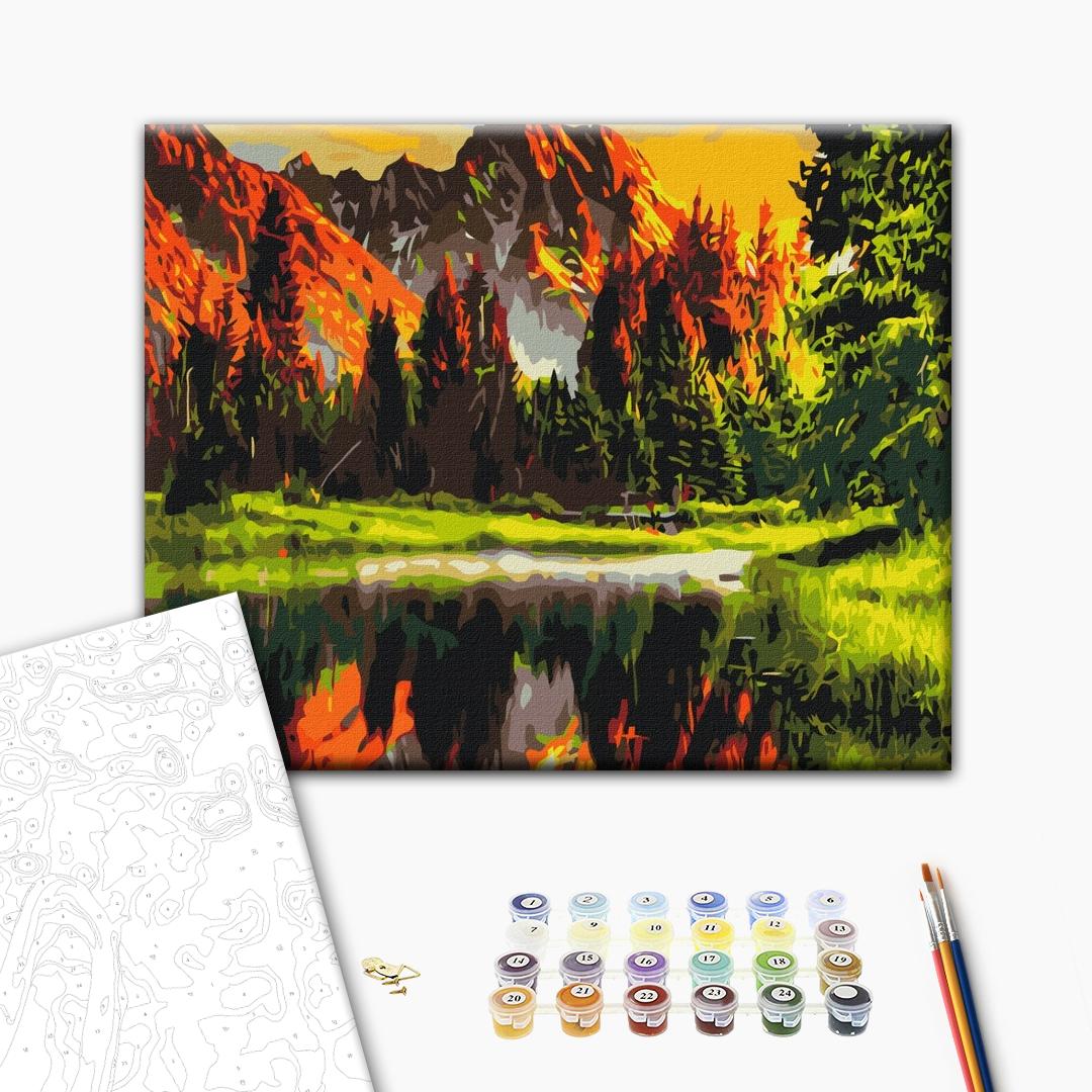 Sonnenuntergang in einem Bergtal - Malen nach Zahlen Bild auf Leinwand mit Pinseln und Farben