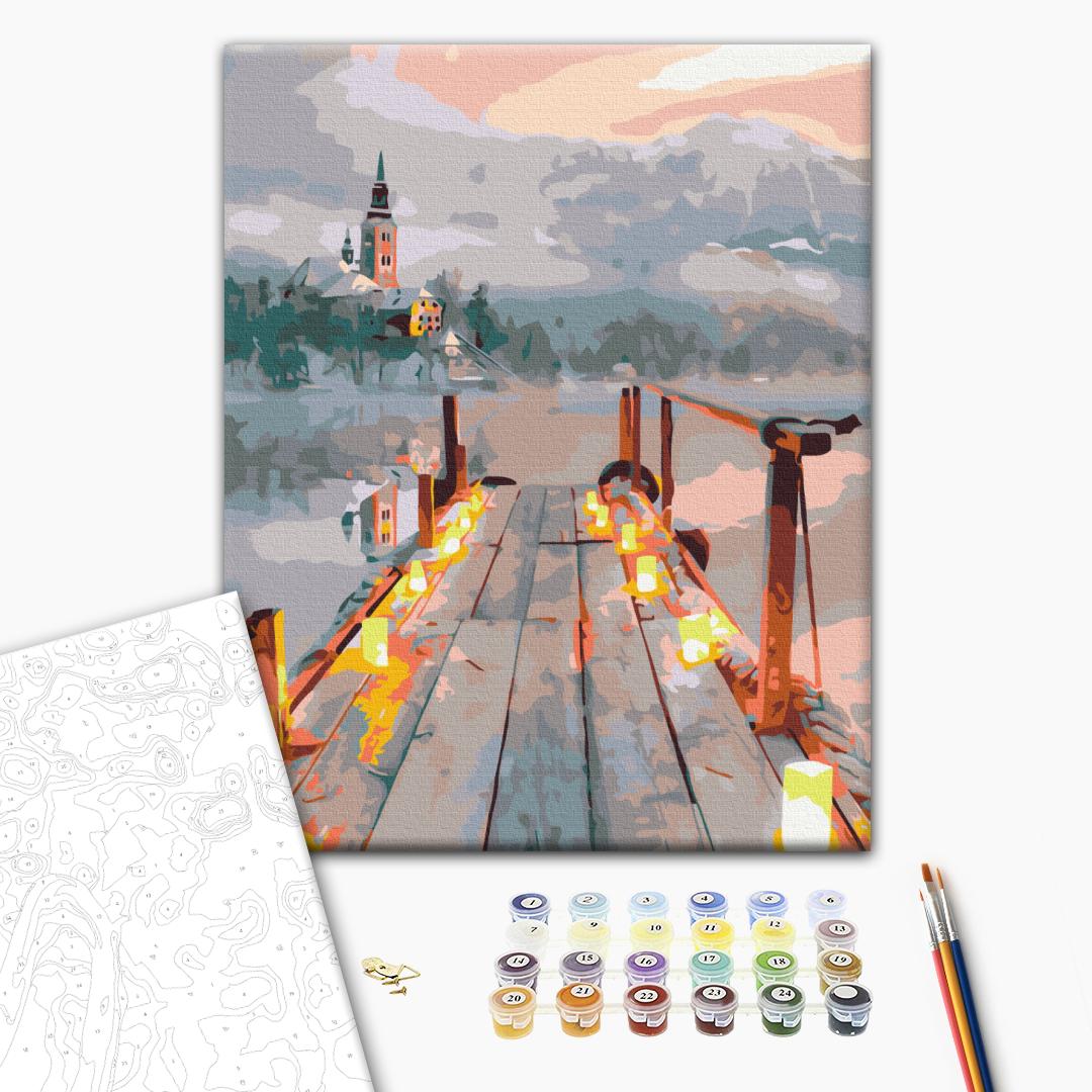 Romantik eines Winterabends - Malen nach Zahlen Bild auf Leinwand mit Pinseln und Farben