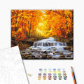 Der Wasserfall in Herbstvergoldung - Malen nach Zahlen Bild auf Leinwand mit Pinseln und Farben