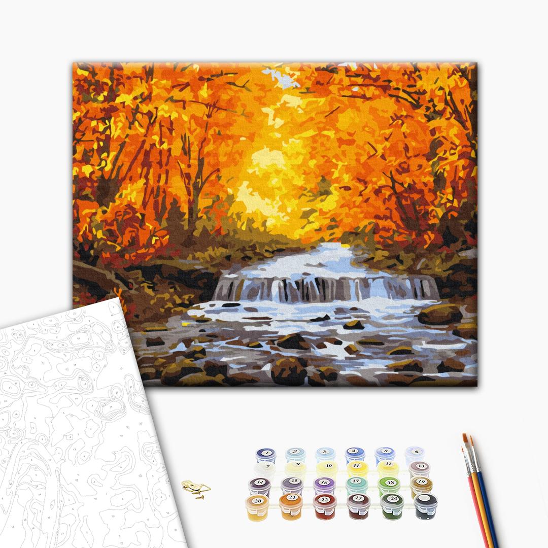 Der Wasserfall in Herbstvergoldung - Malen nach Zahlen Bild auf Leinwand mit Pinseln und Farben