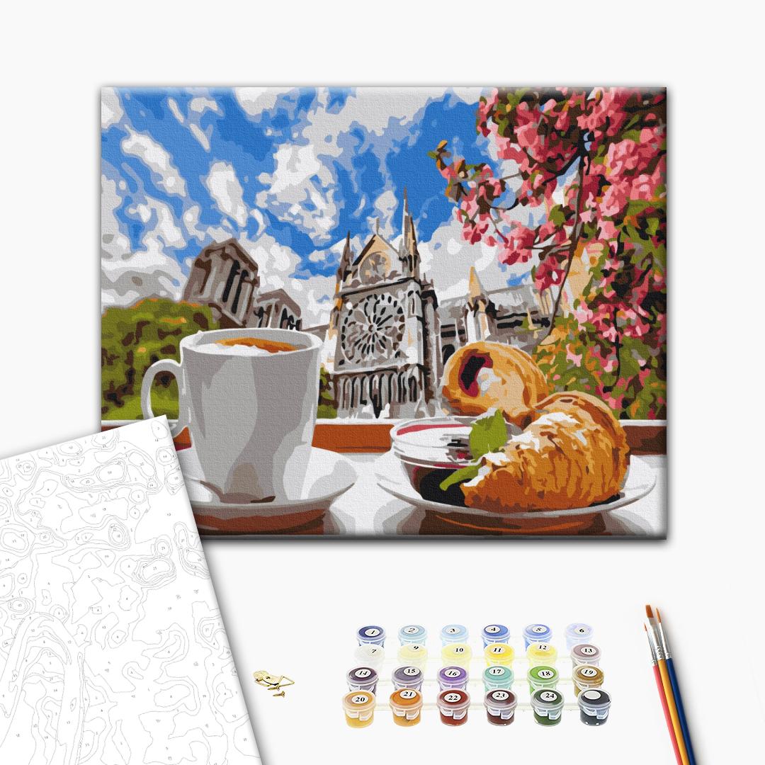 Der Kaffee mit Croissant - Malen nach Zahlen Bild auf Leinwand mit Pinseln und Farben