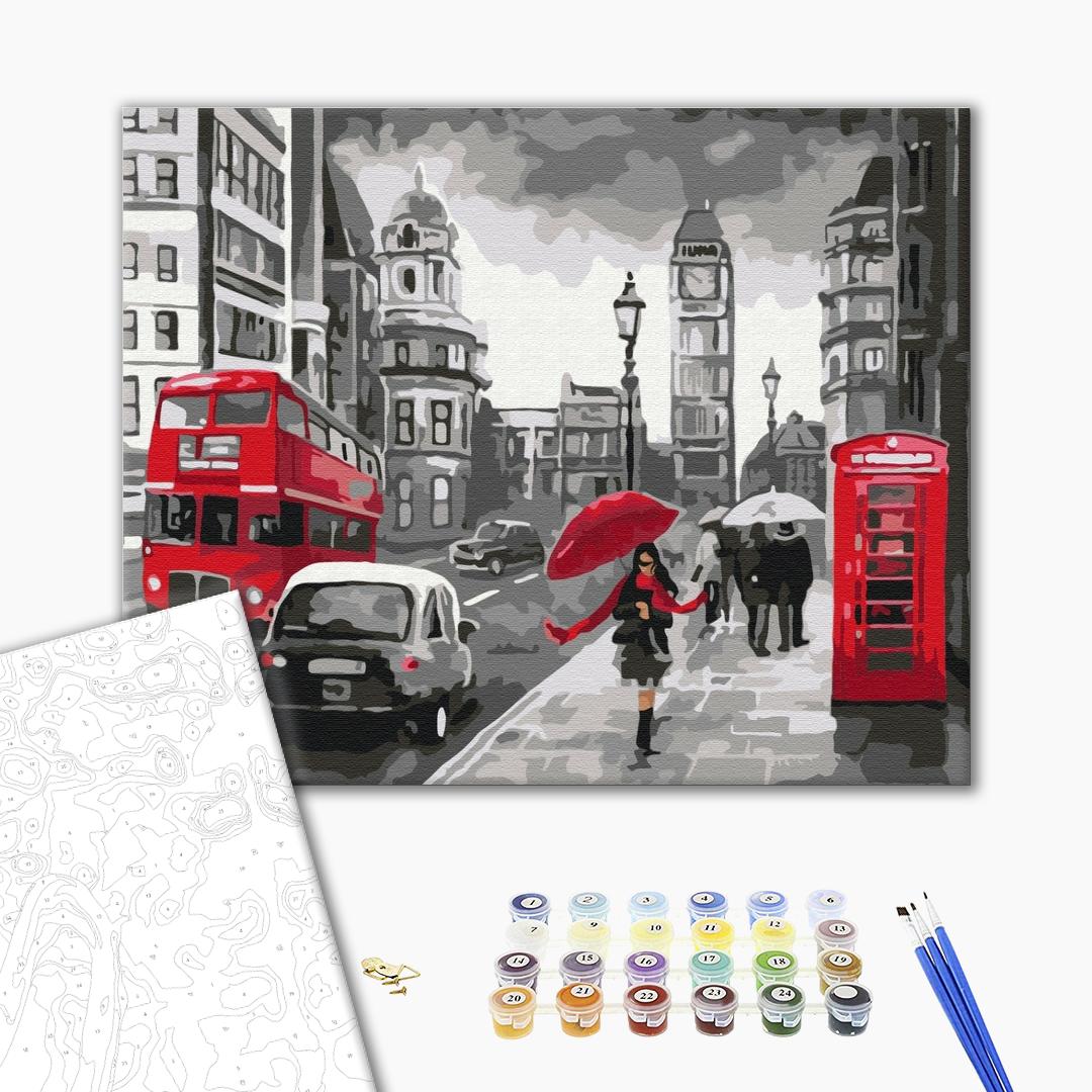 Regnerisches London - Malen nach Zahlen Bild auf Leinwand mit Pinseln und Farben