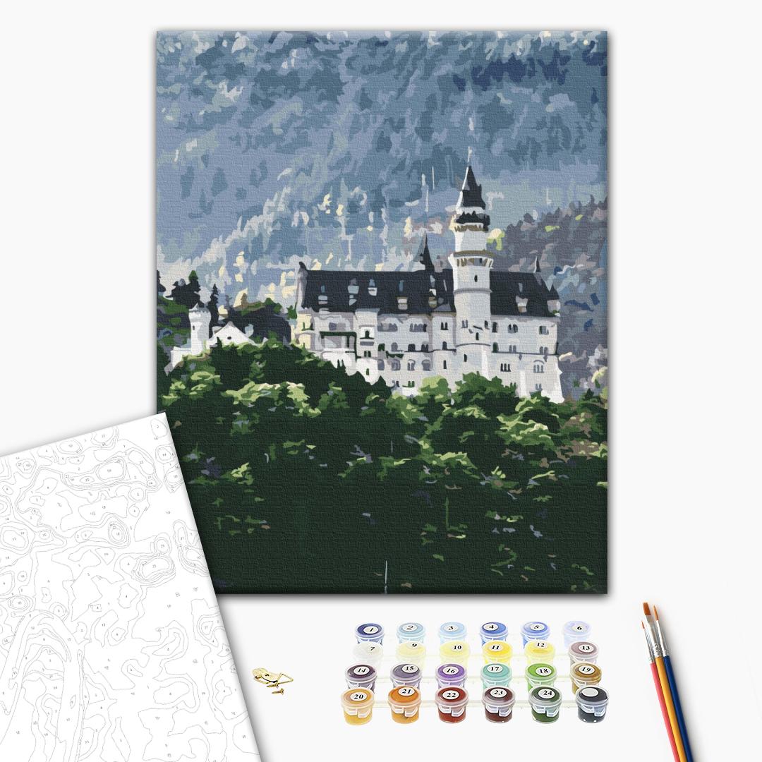 Blick auf Neuschwanstein - Malen nach Zahlen Bild auf Leinwand mit Pinseln und Farben